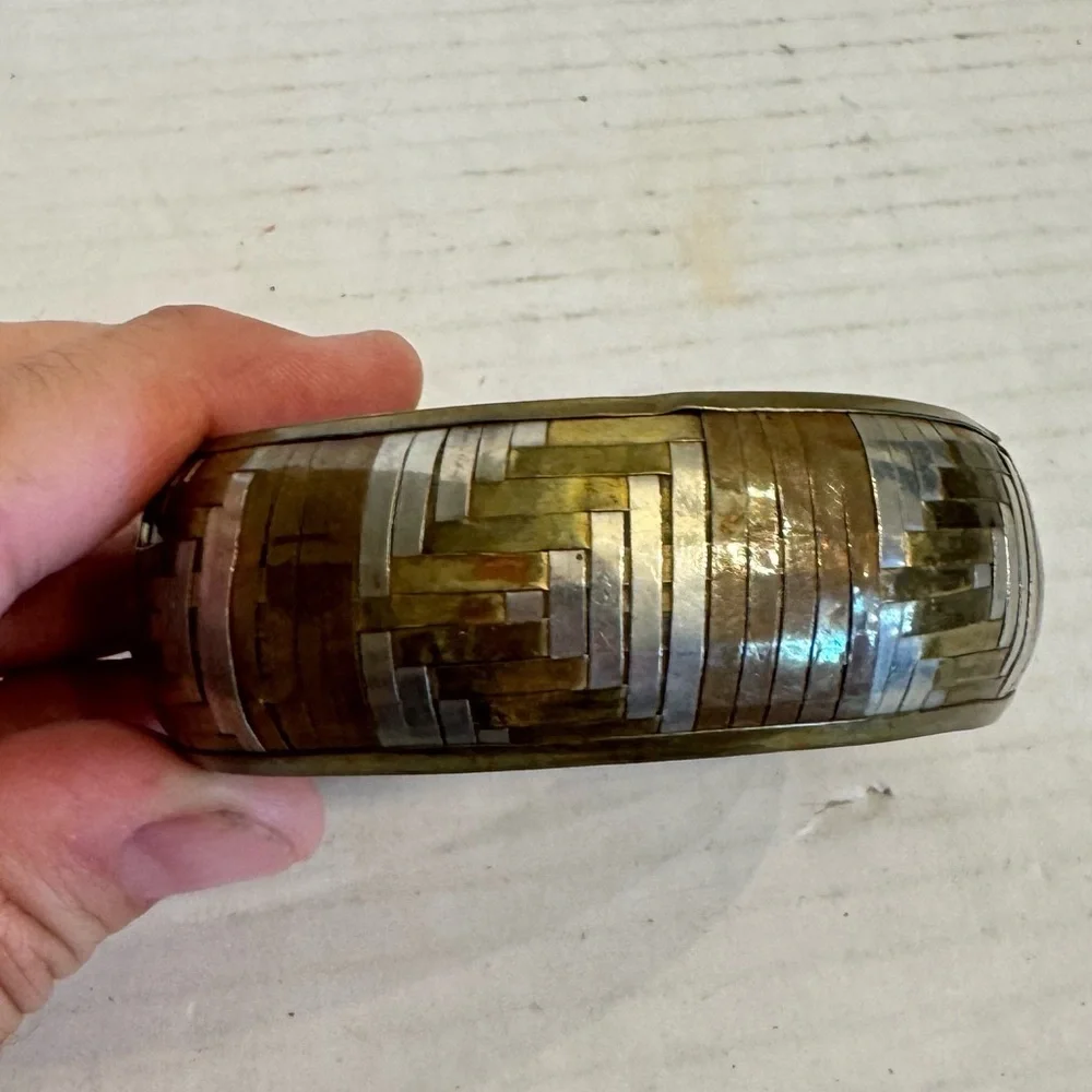 Vintage Metal Bangle Bracelet Tri-Color Woven Copper Bronze Silver Artsy Jewelry
